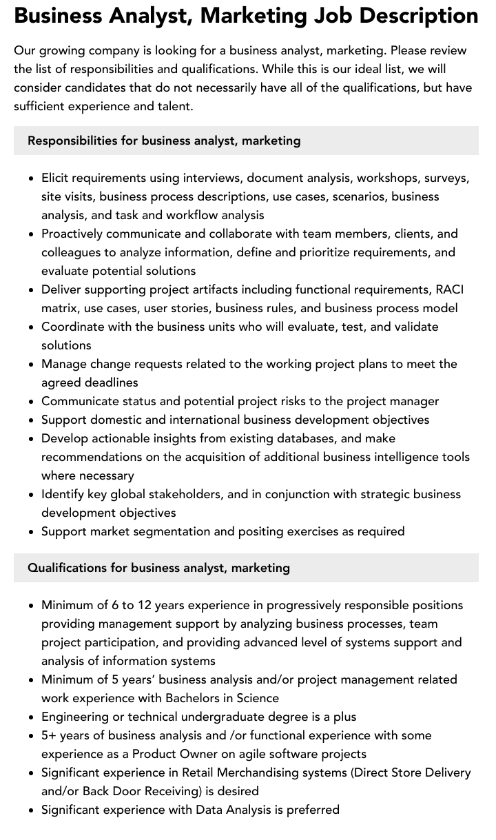 Business Analyst, Marketing Job Description | Velvet Jobs