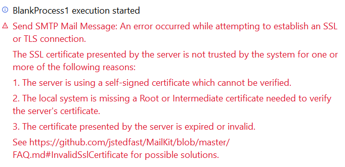 SMTP Mail Message: An error occurred while attempting to establish an