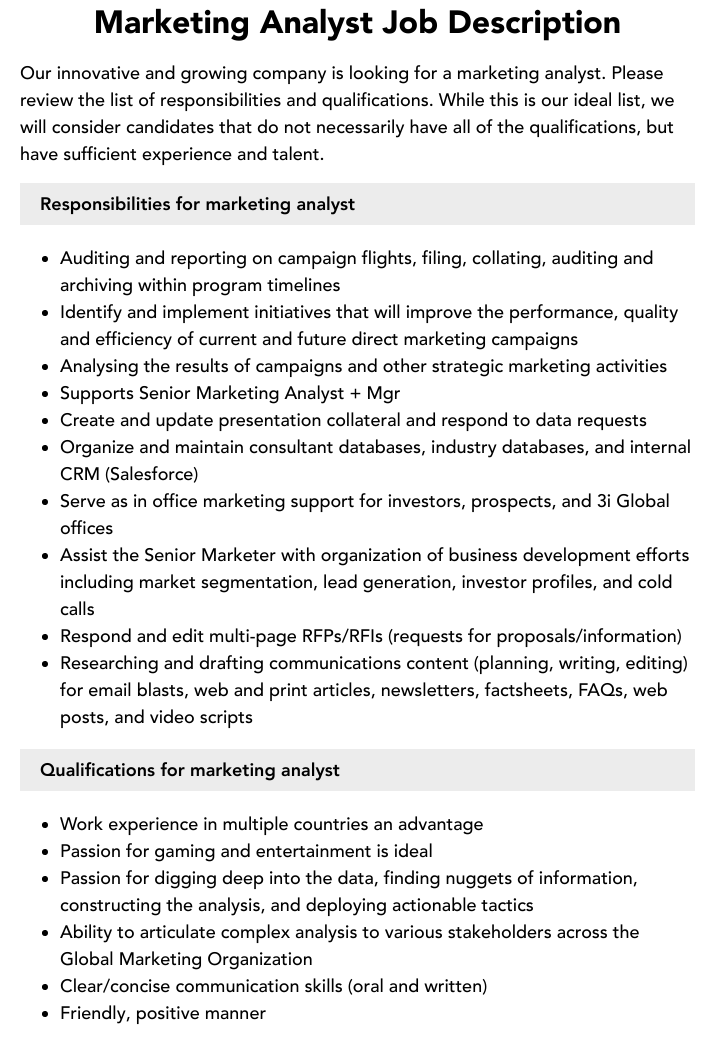 Marketing Analyst Job Description | Velvet Jobs