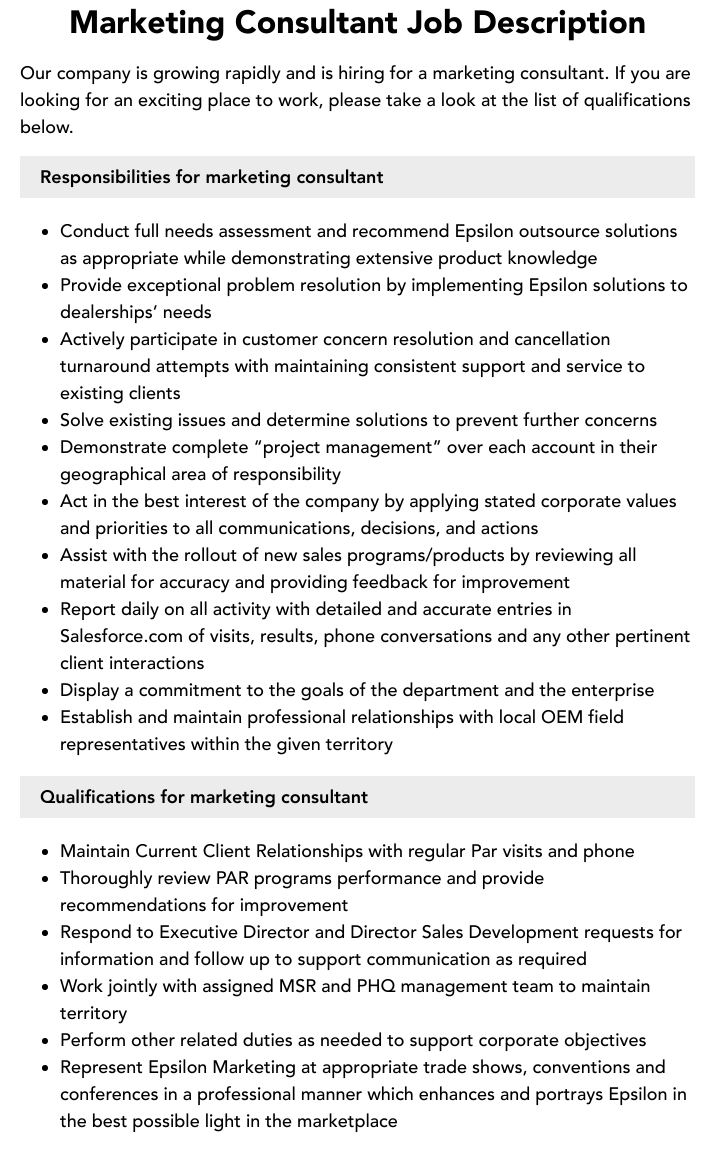 Marketing Consultant Job Description | Velvet Jobs